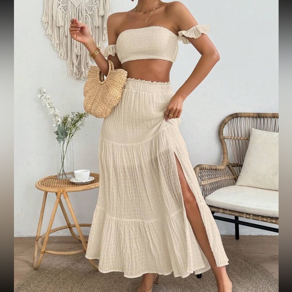 Boho Ruffle Off Shoulder Crop Top Maxi Skirt Set
